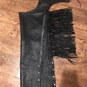 Brand new fringed genuine leather chaps. Size Large.